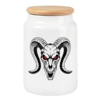 Demonic Ram Skull Red Eye Horns - Cookie Jar with Wooden Lid - white - Front