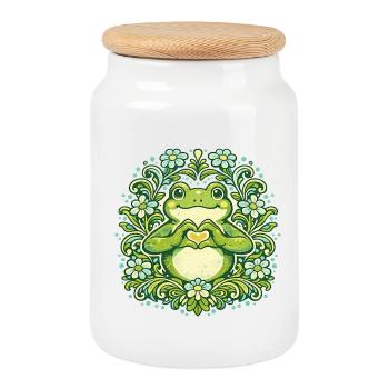 Green Frog Heart in Floral Mandala - Cookie Jar with Wooden Lid - white - Front