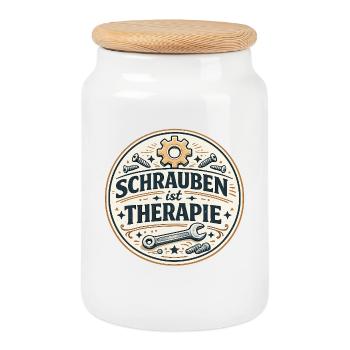 Schrauben ist Therapie - Keksdose mit Holzdeckel - Weiß - Vorne