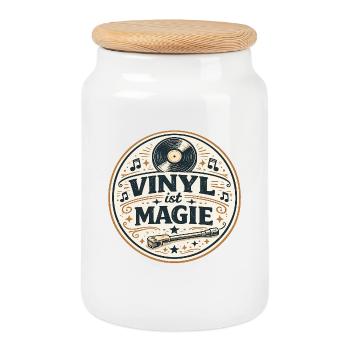 Vinyl ist Magie – Retro Schallplatte - Keksdose mit Holzdeckel - Weiß - Vorne