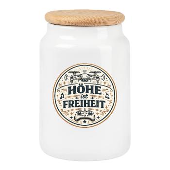 Höhe ist Freiheit – Drohnen-Motiv - Keksdose mit Holzdeckel - Weiß - Vorne