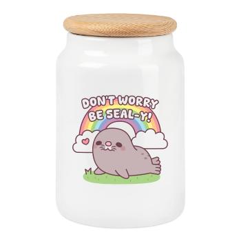 Ne t’inquiète pas, sois mignon Phoque Chonky et Rainbow - Boîte à biscuits avec couvercle en bois - blanc - Devant