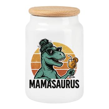 Mamasaurus Maman Maman Idée de cadeau Humour Drôle - Boîte à biscuits avec couvercle en bois - blanc - Devant