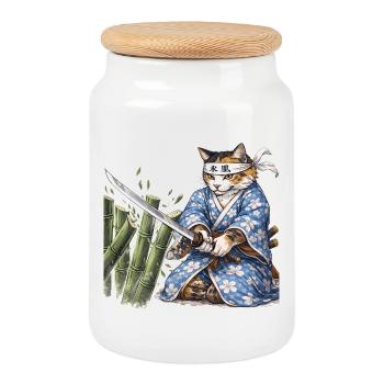 Samurai Cat with Katana – Japanese Ukiyo-e Style - Cookie Jar with Wooden Lid - white - Front
