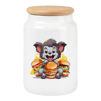 Kauender Koala mit Burgern - Keksdose mit Holzdeckel - Weiß - Vorne