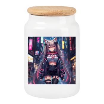 Cyberpunk Streetwear Chat néon - Boîte à biscuits avec couvercle en bois - blanc - Devant