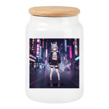 Night Fox in Neon Town - Cookie Jar with Wooden Lid - white - Front