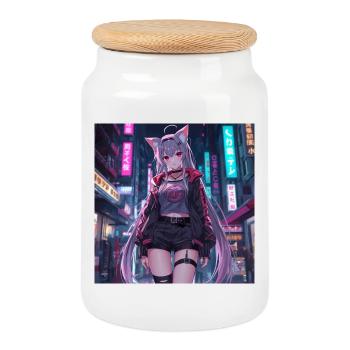 Neko Cyber Hero Neon Town - Cookie Jar with Wooden Lid - white - Front