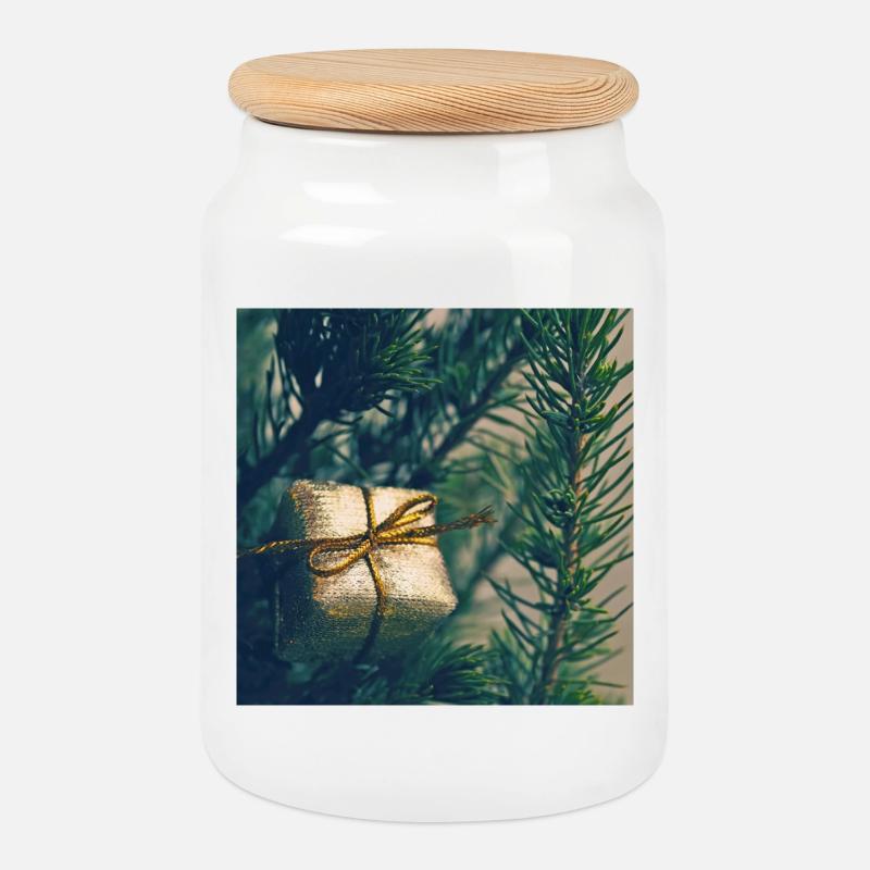 Présent doré sur branches de pin - Boîte à biscuits avec couvercle en bois - blanc