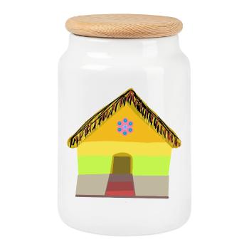 Maison de village colorée au toit de chaume - Boîte à biscuits avec couvercle en bois - blanc - Devant