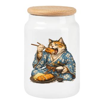 Samurai Cat Tonkatsu Japanese Food Ukiyo-e - Cookie Jar with Wooden Lid - white - Front