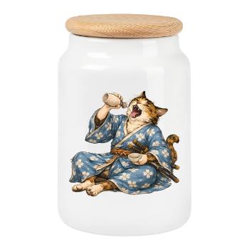 Samurai Cat Sake Japanese Ukiyo-e Style - Cookie Jar with Wooden Lid - white - Front