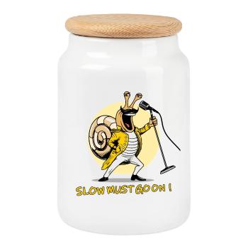 SLOW MUST GO ON - rock and humor snail - Cookie Jar with Wooden Lid - white - Front