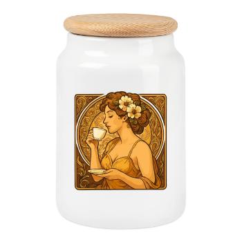 Art Nouveau Pin-Up: Elegante Frau mit Kaffee - Keksdose mit Holzdeckel - Weiß - Vorne