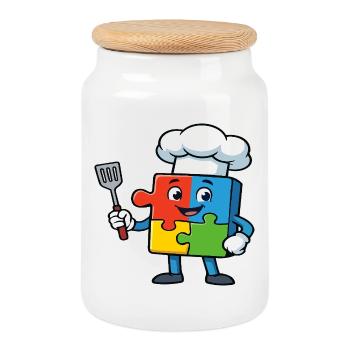Puzzle Piece Chef Mascot - Cookie Jar with Wooden Lid - white - Front