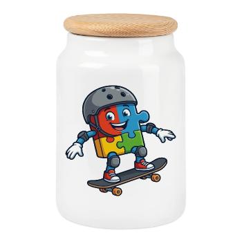 Puzzle Buddy Skater - Cookie Jar with Wooden Lid - white - Front