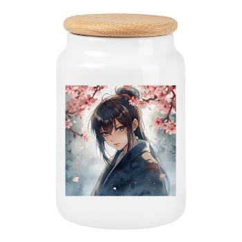 Hanfu under cherry blossoms - Cookie Jar with Wooden Lid - white - Front