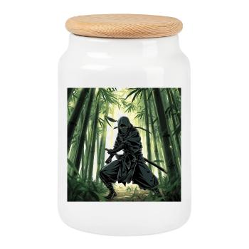 Ninja in the bamboo forest - Cookie Jar with Wooden Lid - white - Front