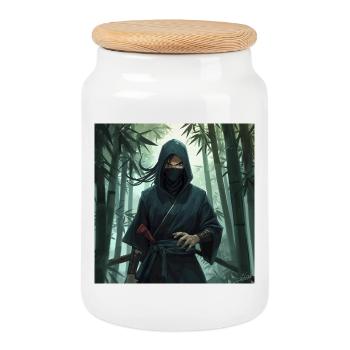 Shadow ninja in bamboo forest - Cookie Jar with Wooden Lid - white - Front