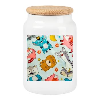 Playful Space Animal Collage - Cookie Jar with Wooden Lid - white - Front