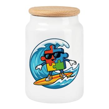 Pièce de puzzle de surf cool Mascotte Art d’été sur la plage - Boîte à biscuits avec couvercle en bois - blanc - Devant