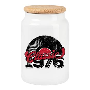 Vintage 1976 - Cookie Jar with Wooden Lid - white - Front