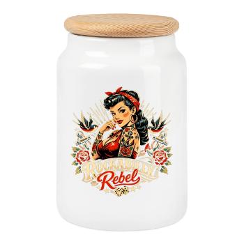 Rockabilly Rebel: Pin-Up mit Old School Tattoo - Keksdose mit Holzdeckel - Weiß - Vorne