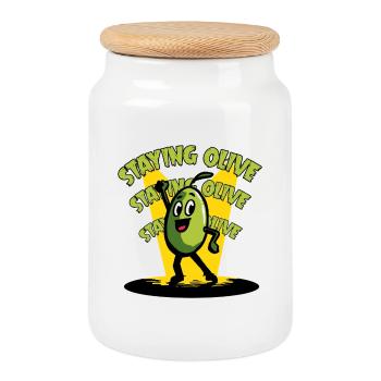 Staying Olive – Oliv-Disco und Retro-Humor - Keksdose mit Holzdeckel - Weiß - Vorne