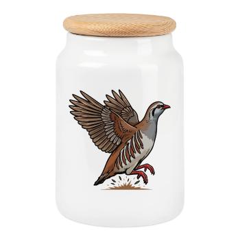 Red Partridge in Flight Wild Countryside - Cookie Jar with Wooden Lid - white - Front