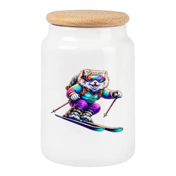 Chien de ski néon Animal de sports d’hiver - Boîte à biscuits avec couvercle en bois - blanc - Devant