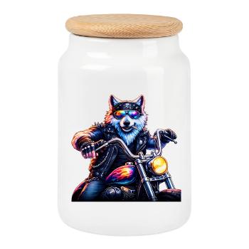 Neon Biker Wolf Motorcycle Animal - Cookie Jar with Wooden Lid - white - Front