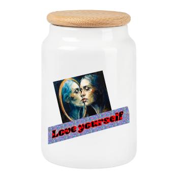 Portrait miroir Aime-toi - Boîte à biscuits avec couvercle en bois - blanc - Devant