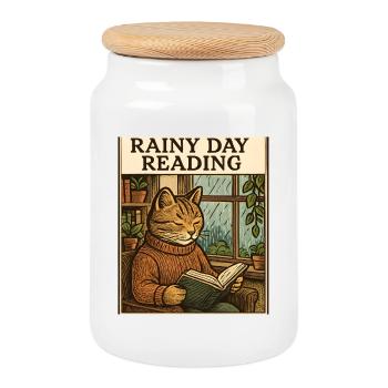 Cat harvest in a rain shower - Cookie Jar with Wooden Lid - white - Front