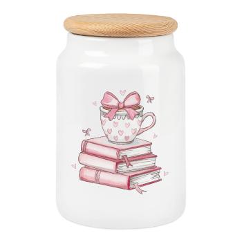 Tasse en forme de cœur et pile de livres - Boîte à biscuits avec couvercle en bois - blanc - Devant