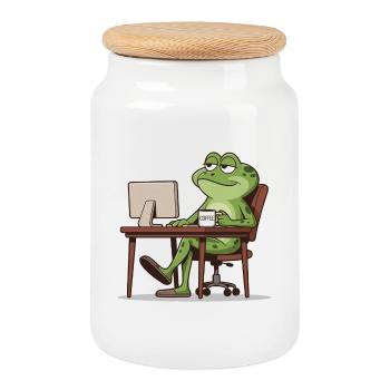 Bureau des grenouilles avec café - Boîte à biscuits avec couvercle en bois - blanc - Devant