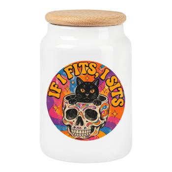 Katze im Totenkopf Oldschool Tattoo Design - Keksdose mit Holzdeckel - Weiß - Vorne
