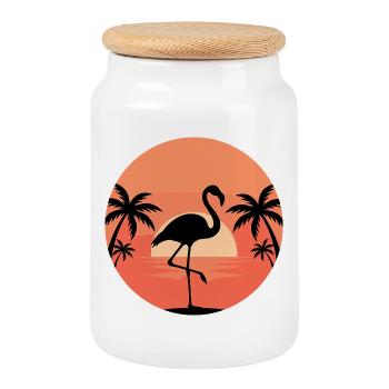 Flamingo in Sunset Tropic - Cookie Jar with Wooden Lid - white - Front