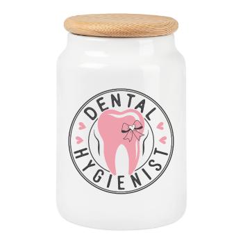 Pink Tooth Logo with Bow Dental Hygienists - Cookie Jar with Wooden Lid - white - Front