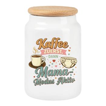 Kaffee zuerst – Mama-Modus aktiv - Keksdose mit Holzdeckel - Weiß - Vorne
