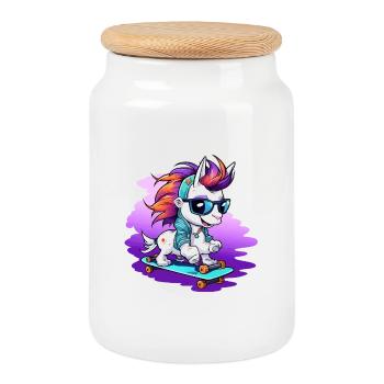 Rainbow Unicorn Skateboarder - Cookie Jar with Wooden Lid - white - Front