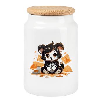 Luxus-Panda mit Geldsäcken - Keksdose mit Holzdeckel - Weiß - Vorne