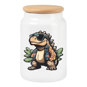 Dinosaur Stegosaurus Comic Vacation - Cookie Jar with Wooden Lid - white - Front