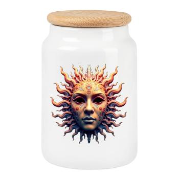 Sun Goddess Mask - Cookie Jar with Wooden Lid - white - Front