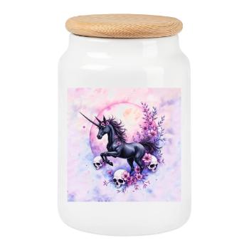 Lunar Unicorn with Flowers and Skulls - Cookie Jar with Wooden Lid - white - Front