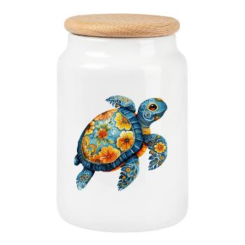 Floral Turtle - Cookie Jar with Wooden Lid - white - Front