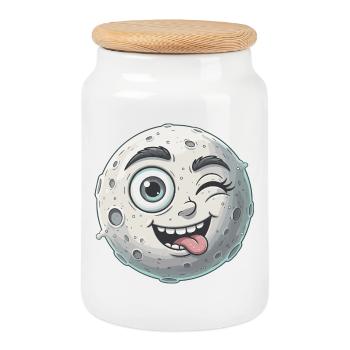 Dessin animé Visage de Lune Ondulant - Boîte à biscuits avec couvercle en bois - blanc - Devant