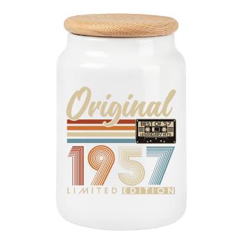 1957 Vintage Birthday Vintage Retro Gift - Cookie Jar with Wooden Lid - white - Front