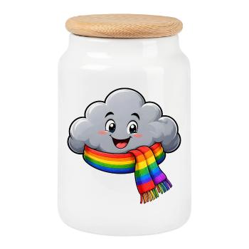 Cloud with Rainbow Scarf Funny Motif - Cookie Jar with Wooden Lid - white - Front