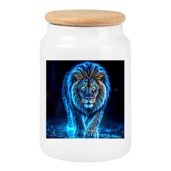 Neon Blue Lion Aura - Cookie Jar with Wooden Lid - white - Front