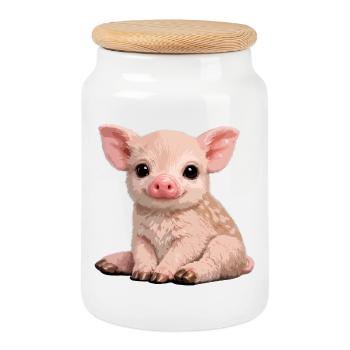 Piglet Cuddle Illustration - Cookie Jar with Wooden Lid - white - Front